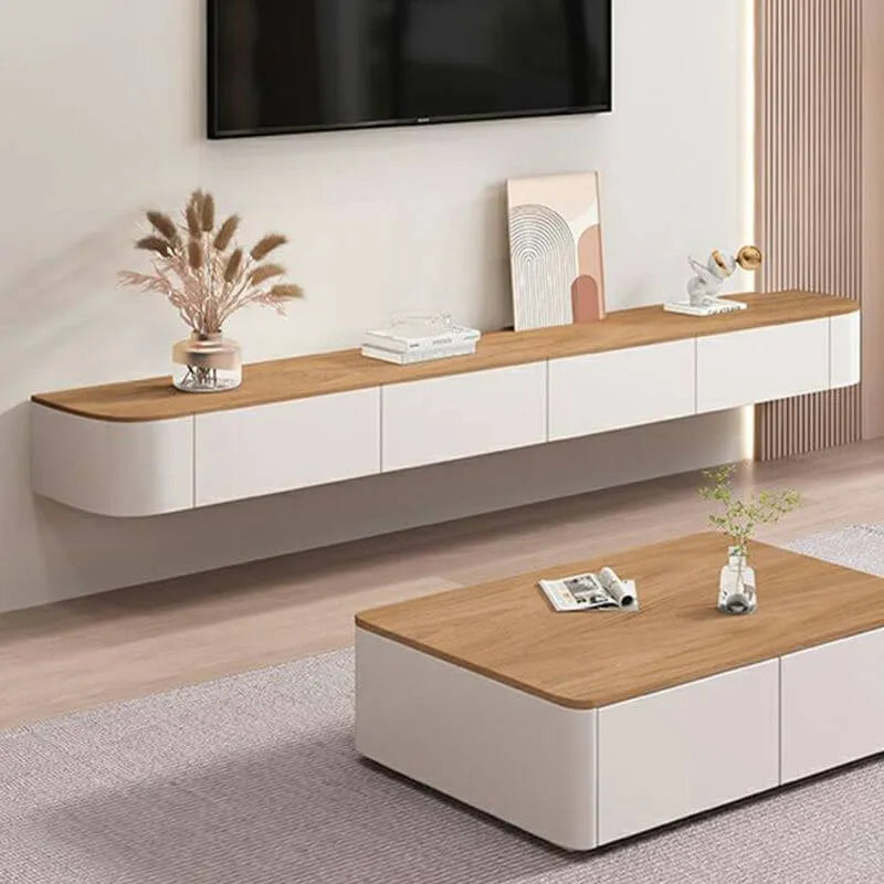 Modern White Wall-Mounted TV Stand with Wood Top and Hidden Storage Main Product Image Main image