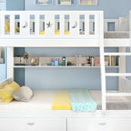Modern White Wood Bunk Bed with Drawers, Bookshelf, Ladder & 2 Mattresses