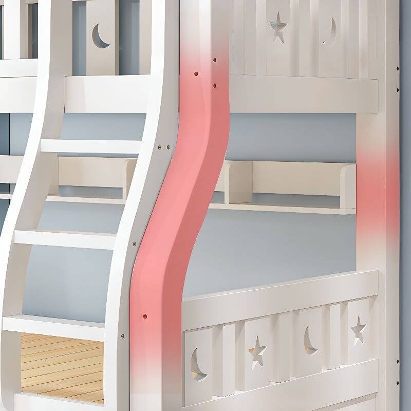 Modern White Wood Bunk Bed with Drawers, Bookshelf, Ladder & 2 Mattresses