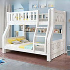 Modern White Wood Bunk Bed with Drawers, Bookshelf, Ladder & 2 Mattresses