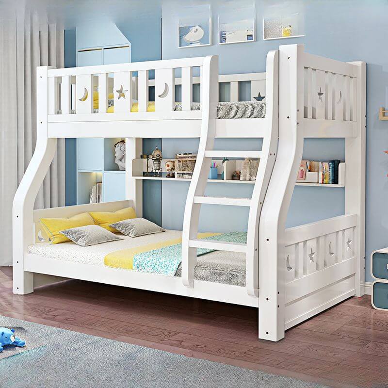 Modern White Wood Bunk Bed with Drawers, Bookshelf, Ladder & 2 Mattresses