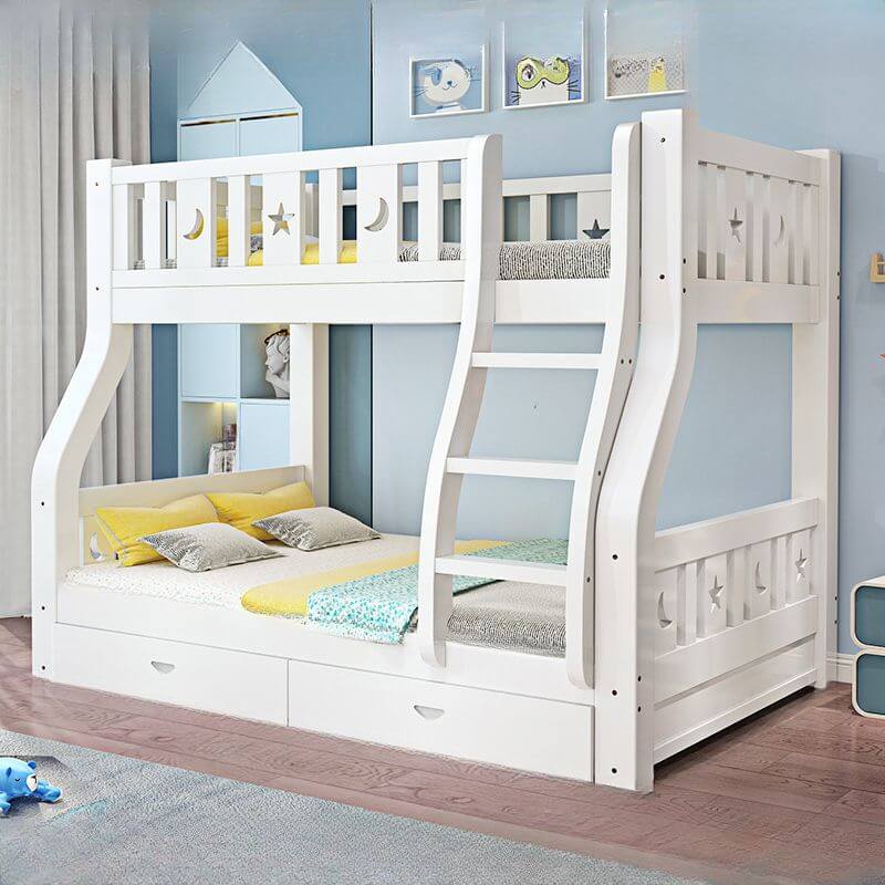 Modern White Wood Bunk Bed with Drawers, Bookshelf, Ladder & 2 Mattresses