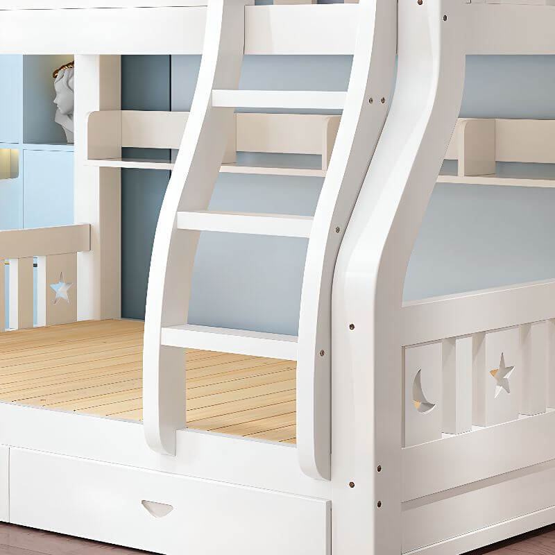 Modern White Wood Bunk Bed with Drawers, Bookshelf, Ladder & 2 Mattresses