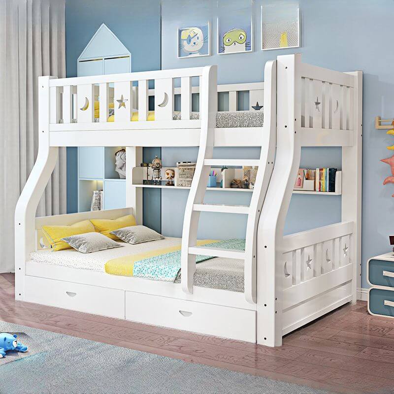 Modern White Wood Bunk Bed with Drawers, Bookshelf, Ladder & 2 Mattresses