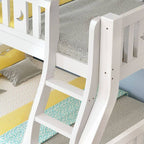 Modern White Wood Bunk Bed with Drawers, Bookshelf, Ladder & 2 Mattresses