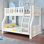 Modern White Wood Bunk Bed with Drawers, Bookshelf, Ladder & 2 Mattresses
