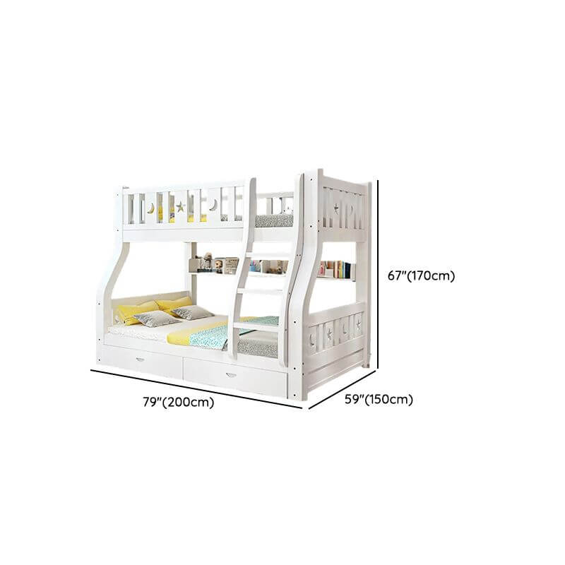 Modern White Wood Bunk Bed with Drawers, Bookshelf, Ladder & 2 Mattresses Dimensions