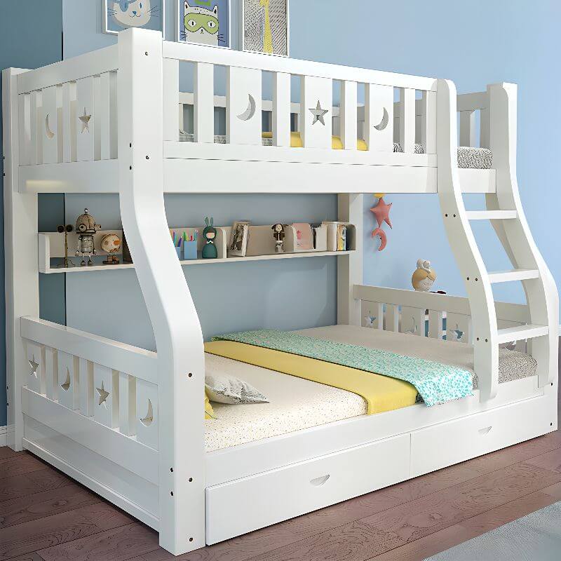 Modern White Wood Bunk Bed with Drawers, Bookshelf, Ladder & 2 Mattresses Main Product Image Main image