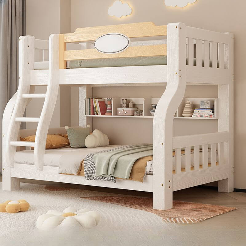Modern White Wood Bunk Bed With Ladder & Storage