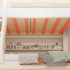 Modern White Wood Bunk Bed With Ladder & Storage