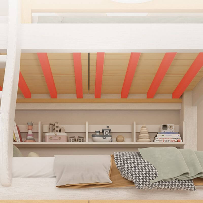 Modern White Wood Bunk Bed With Ladder & Storage