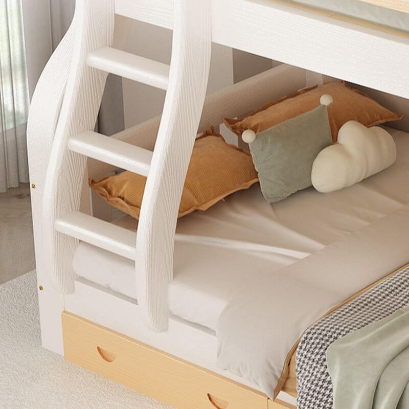 Modern White Wood Bunk Bed With Ladder & Storage
