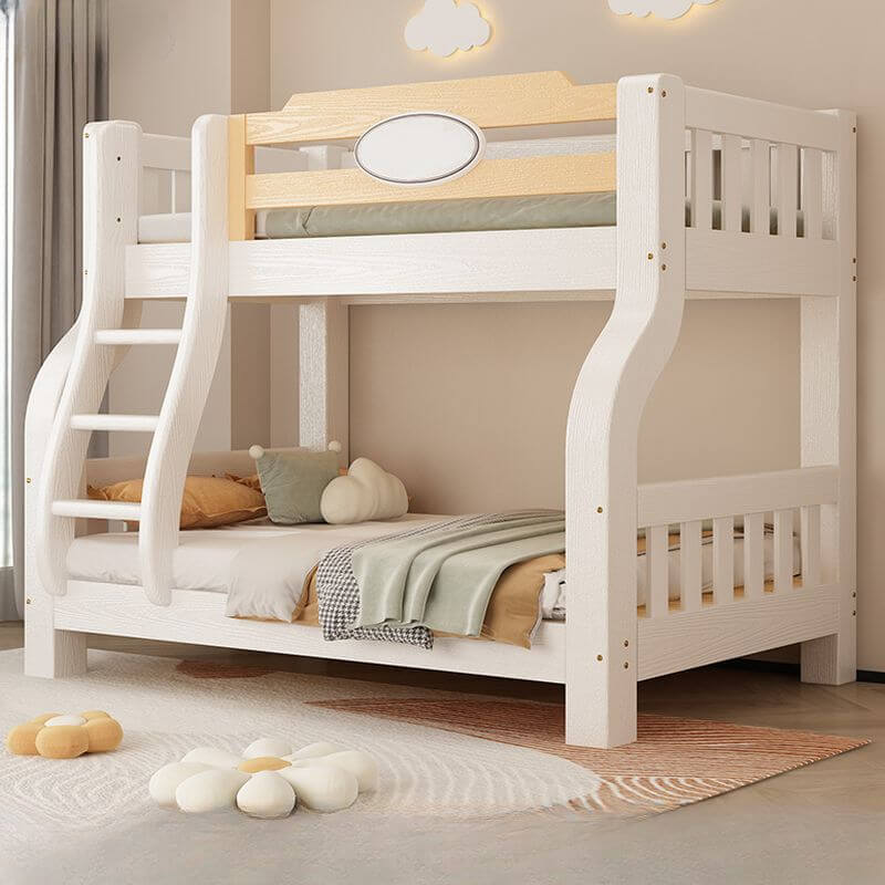 Modern White Wood Bunk Bed With Ladder & Storage