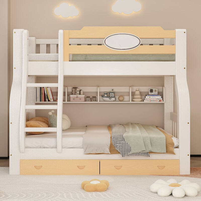 Modern White Wood Bunk Bed With Ladder & Storage