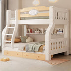 Modern White Wood Bunk Bed With Ladder & Storage