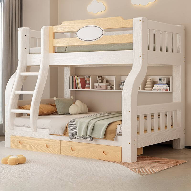 Modern White Wood Bunk Bed With Ladder & Storage