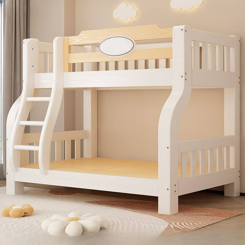 Modern White Wood Bunk Bed With Ladder & Storage