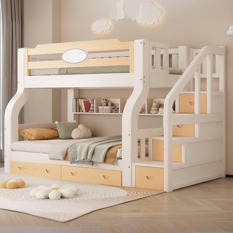Modern White Wood Bunk Bed With Ladder & Storage