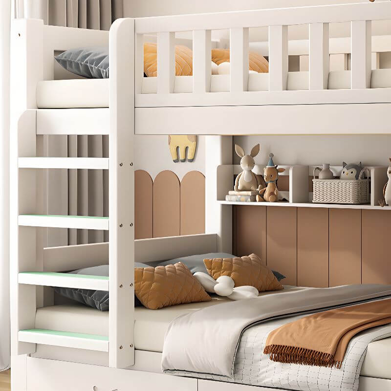Modern White Wood Bunk Bed With Storage Drawers