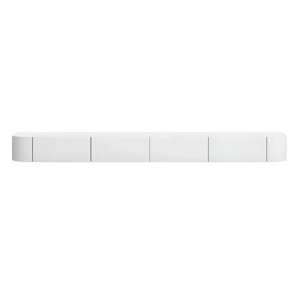 Modern White Wood Floating TV Stand with Push-to-Open Cabinets
