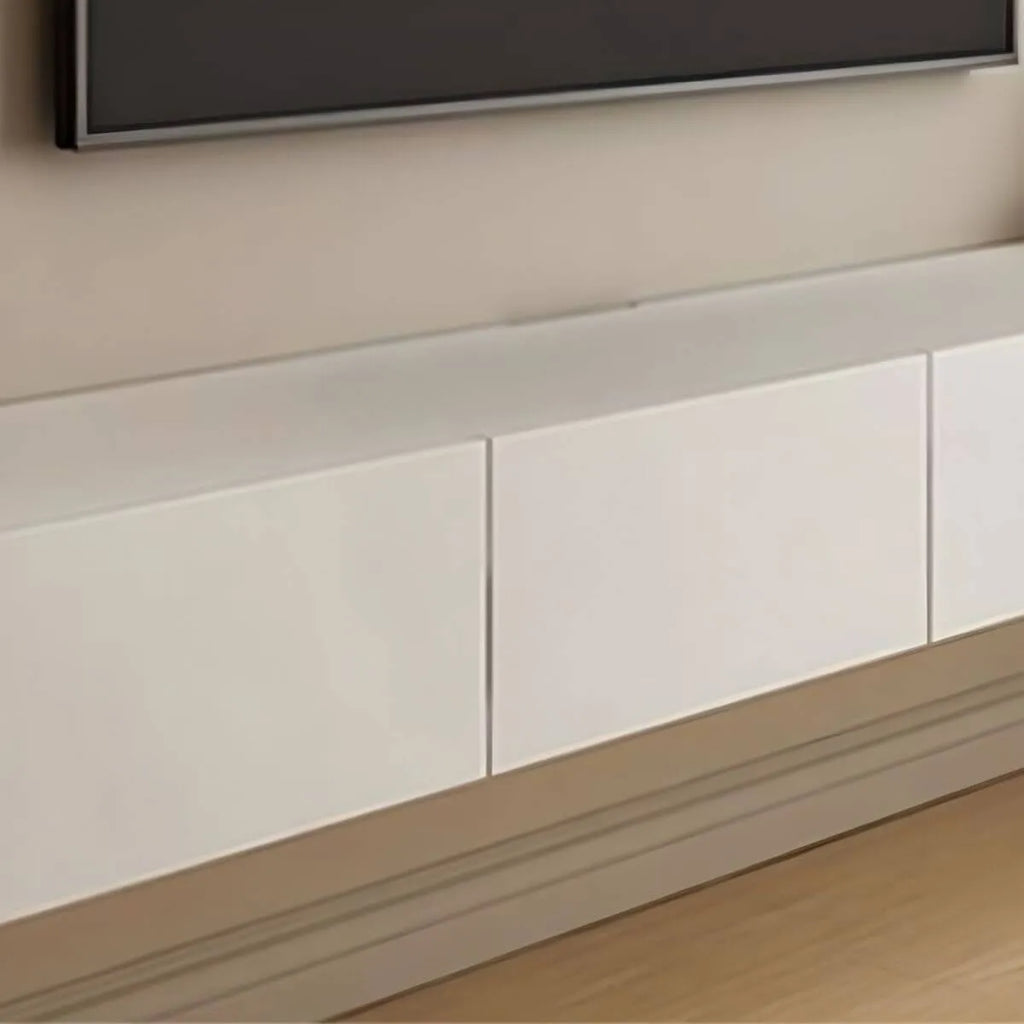 Modern White Wood Floating TV Stand with Push-to-Open Cabinets