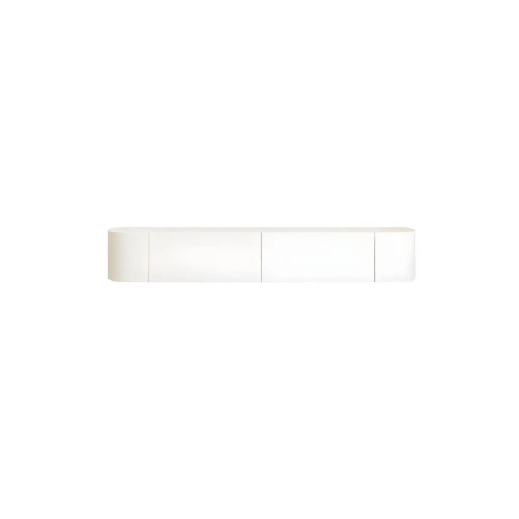 Modern White Wood Floating TV Stand with Push-to-Open Cabinets