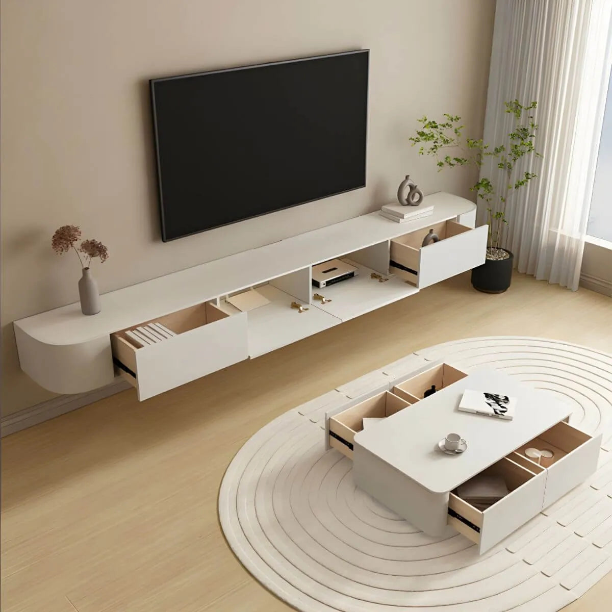 Modern White Wood Floating TV Stand with Push-to-Open Cabinets Secondary image