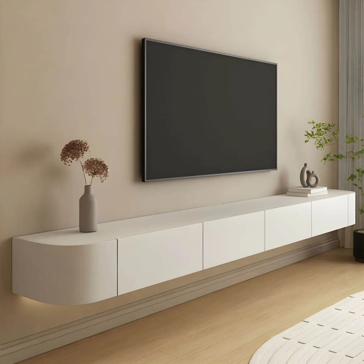 Modern White Wood Floating TV Stand with Push-to-Open Cabinets