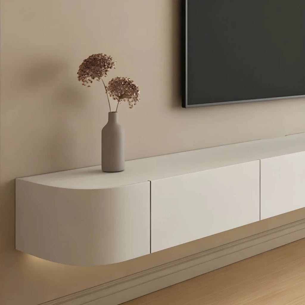 Modern White Wood Floating TV Stand with Push-to-Open Cabinets