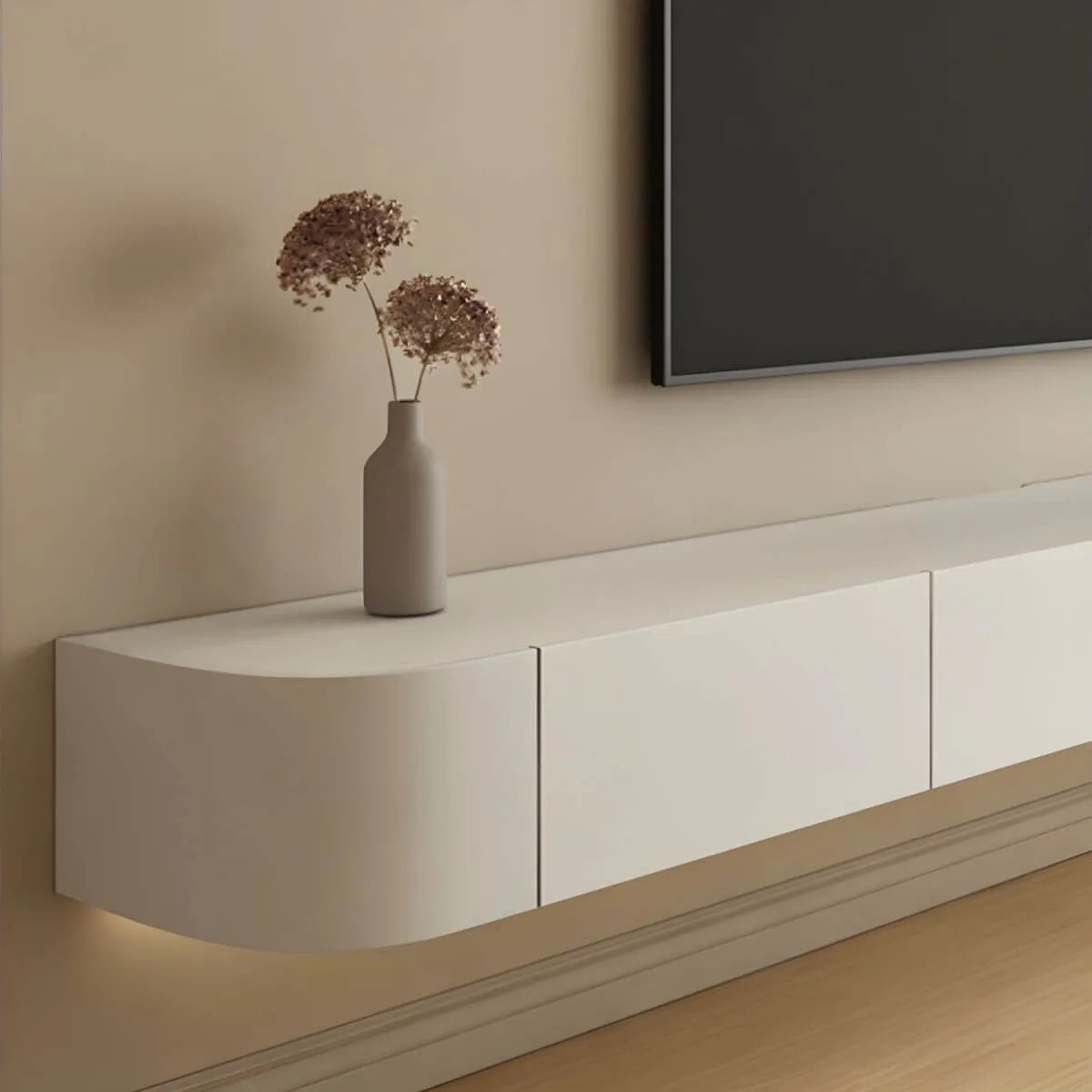 Modern White Wood Floating TV Stand with Push-to-Open Cabinets