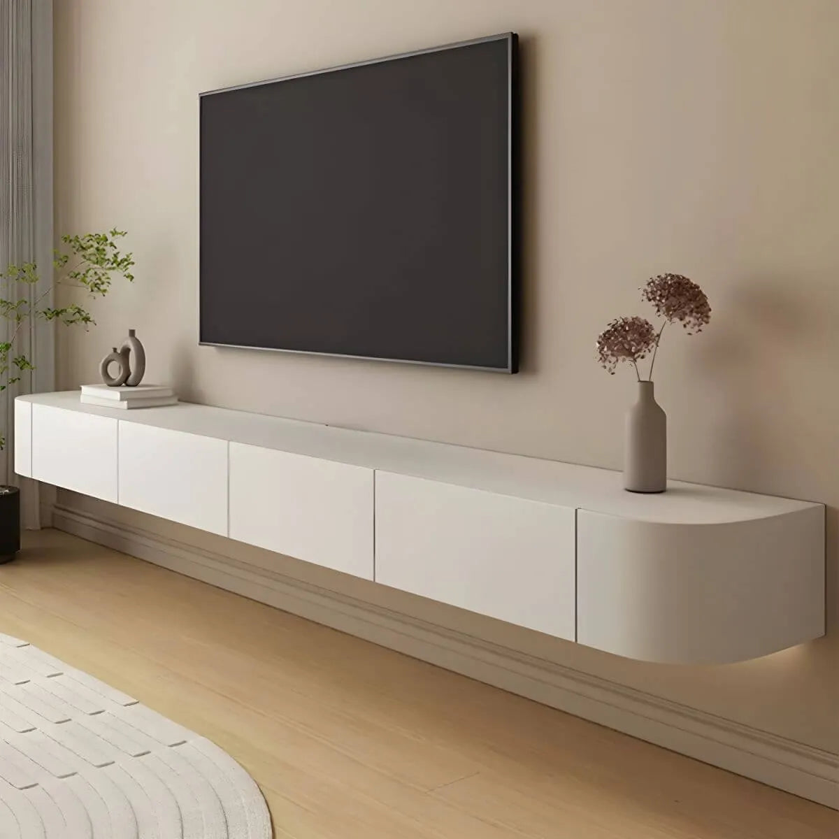 Modern White Wood Floating TV Stand with Push-to-Open Cabinets Main Product Image