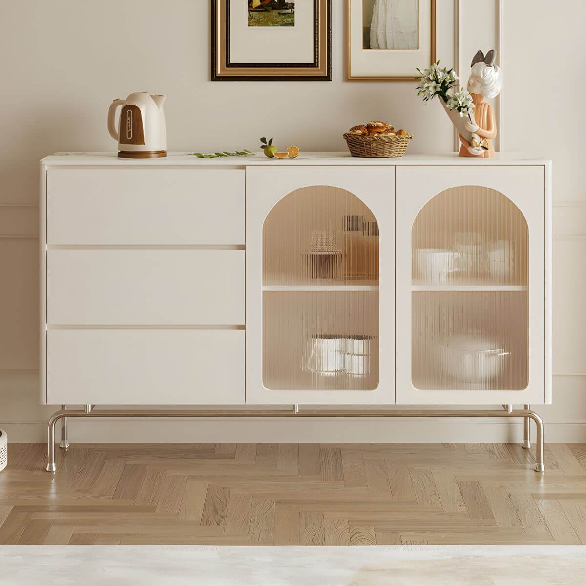 Modern White Wood Server with Stone Countertop – Stylish and Functional Secondary image