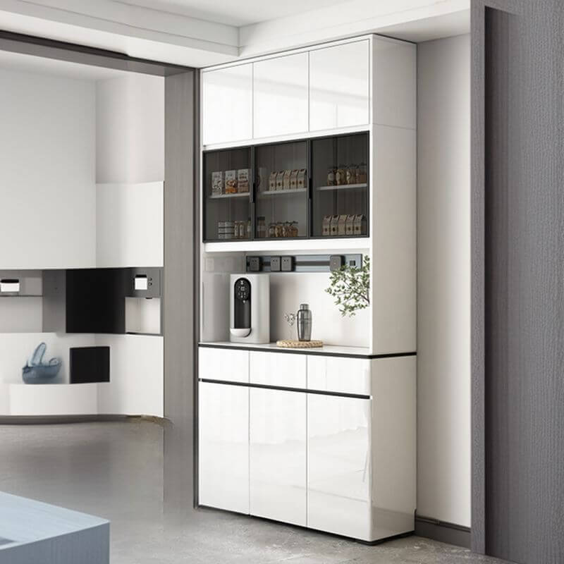 Modern White Wood Sideboard with Black Glass Top and Press-to-Open Cabinets