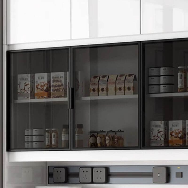 Modern White Wood Sideboard with Black Glass Top and Press-to-Open Cabinets