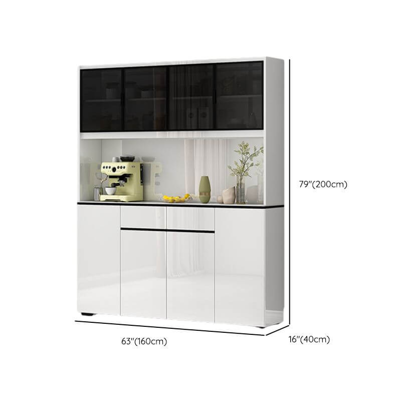 Modern White Wood Sideboard with Black Glass Top and Press-to-Open Cabinets Dimensions