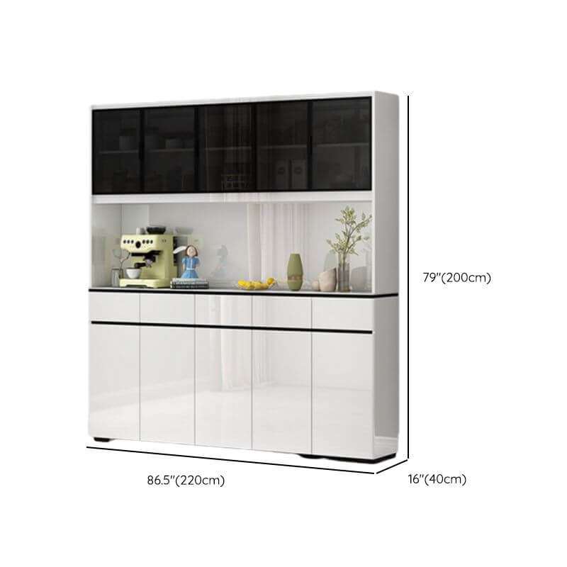 Modern White Wood Sideboard with Black Glass Top and Press-to-Open Cabinets Dimensions