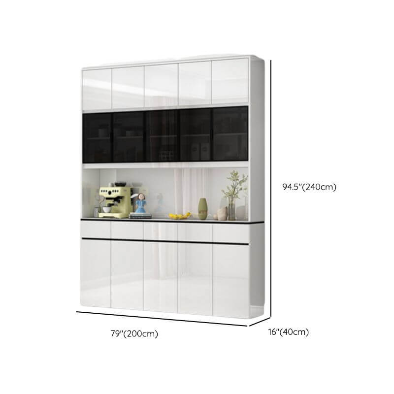 Modern White Wood Sideboard with Black Glass Top and Press-to-Open Cabinets Dimensions