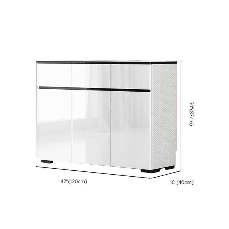 Modern White Wood Sideboard with Black Glass Top and Press-to-Open Cabinets Dimensions