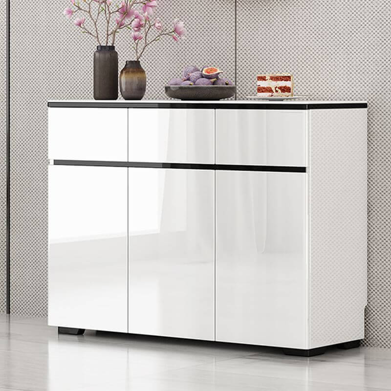 Modern White Wood Sideboard with Black Glass Top and Press-to-Open Cabinets Main Product Image Main image