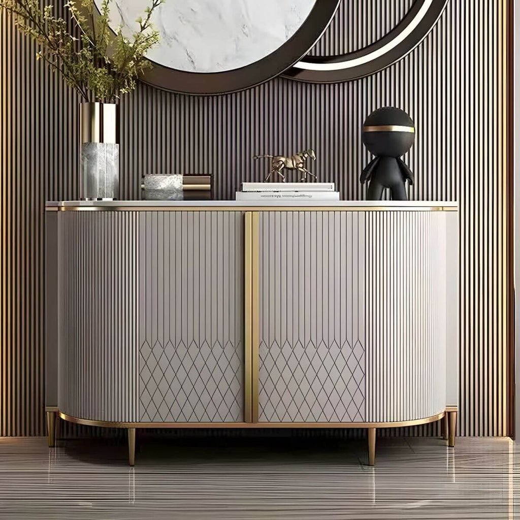 Modern White Wood Sideboard with Faux Marble Top and Geometric Detailing