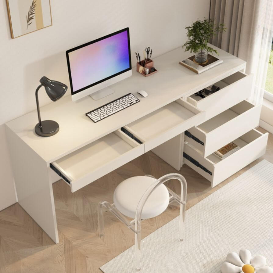 Modern White Wood Writing Desk with 5 Drawers for Kids