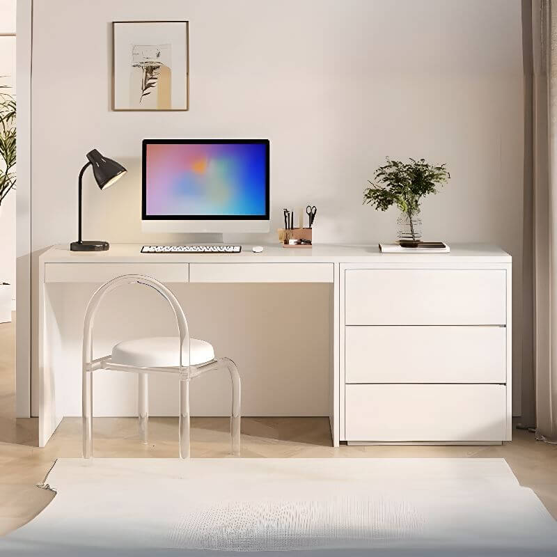 Modern White Wood Writing Desk with 5 Drawers for Kids