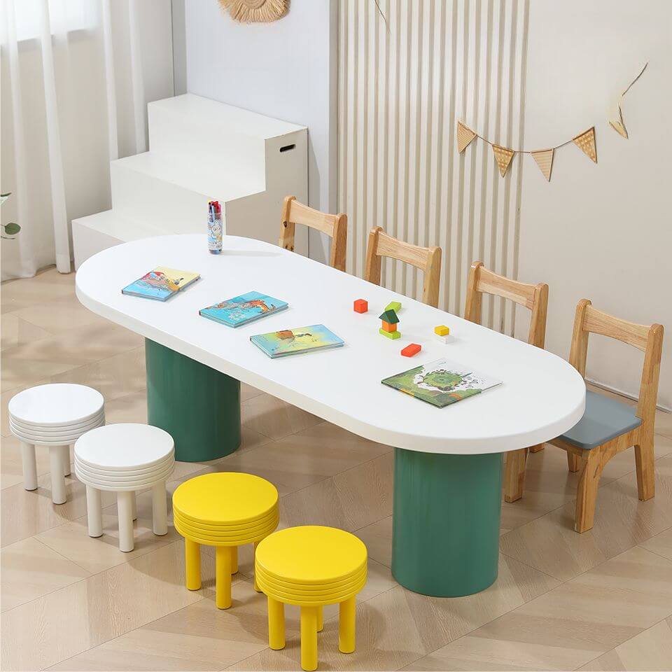 Modern White Wood Writing Desk With Green Base サブ画像