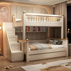 Modern White Wooden Bunk Bed with Bookshelf, Ladder, and Integrated Storage