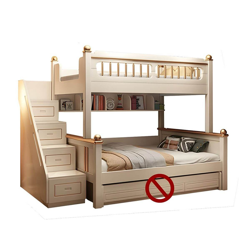 Modern White Wooden Bunk Bed with Bookshelf, Ladder, and Integrated Storage