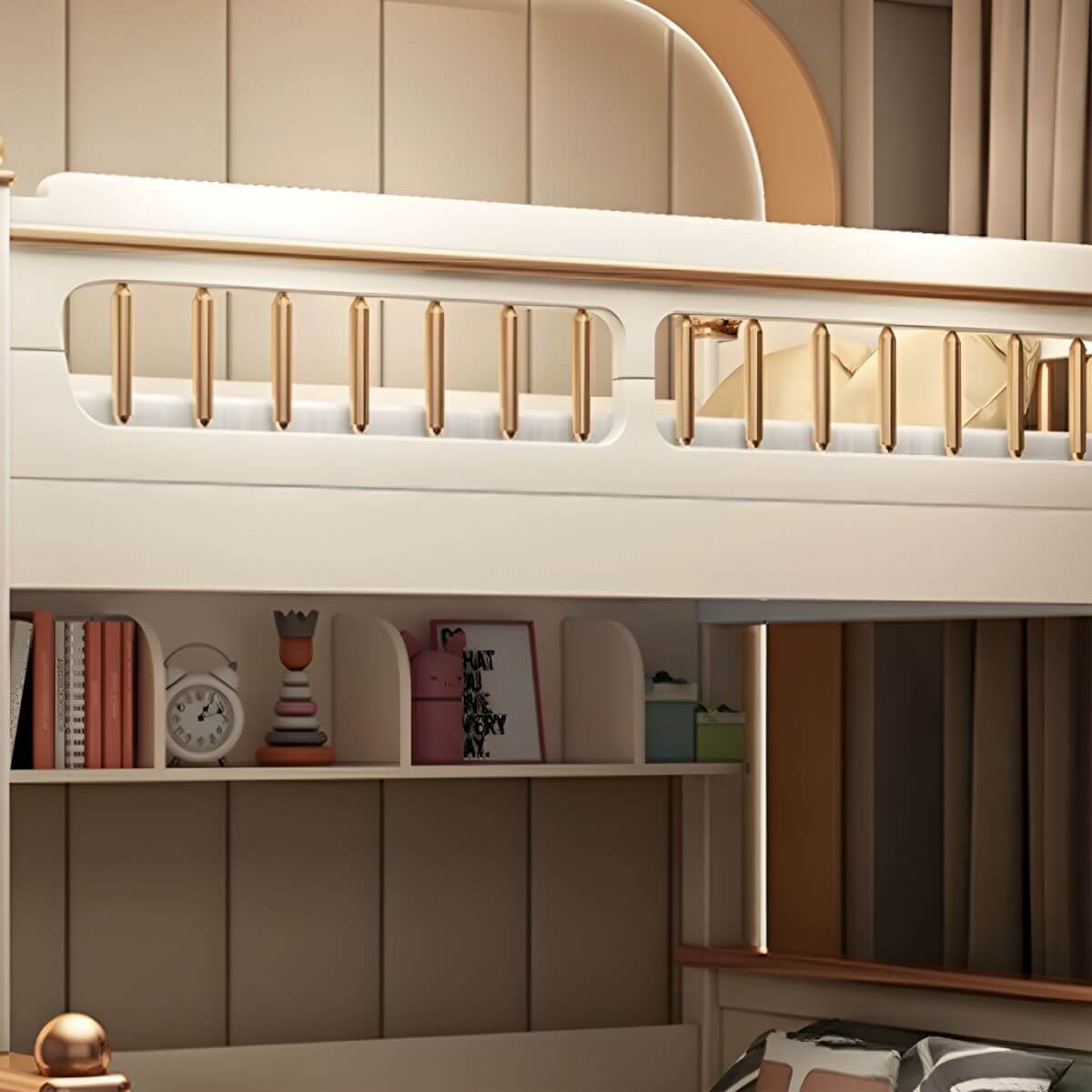 Modern White Wooden Bunk Bed with Bookshelf, Ladder, and Integrated Storage