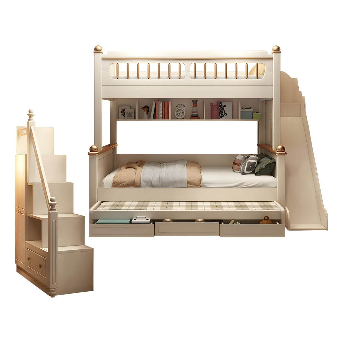 Modern White Wooden Bunk Bed with Bookshelf, Ladder, and Integrated Storage