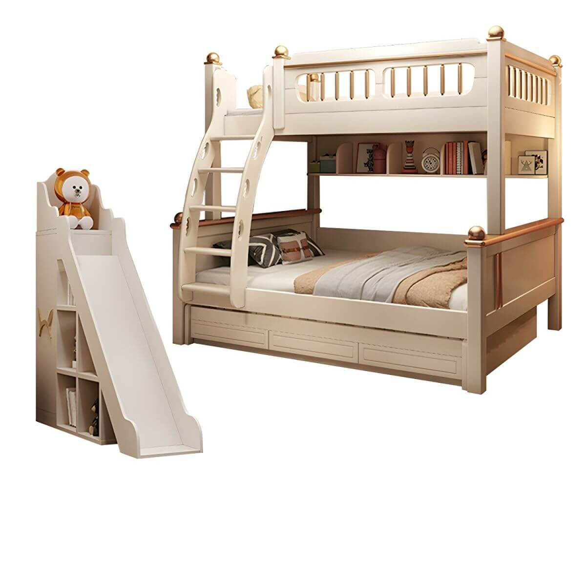 Modern White Wooden Bunk Bed with Bookshelf, Ladder, and Integrated Storage
