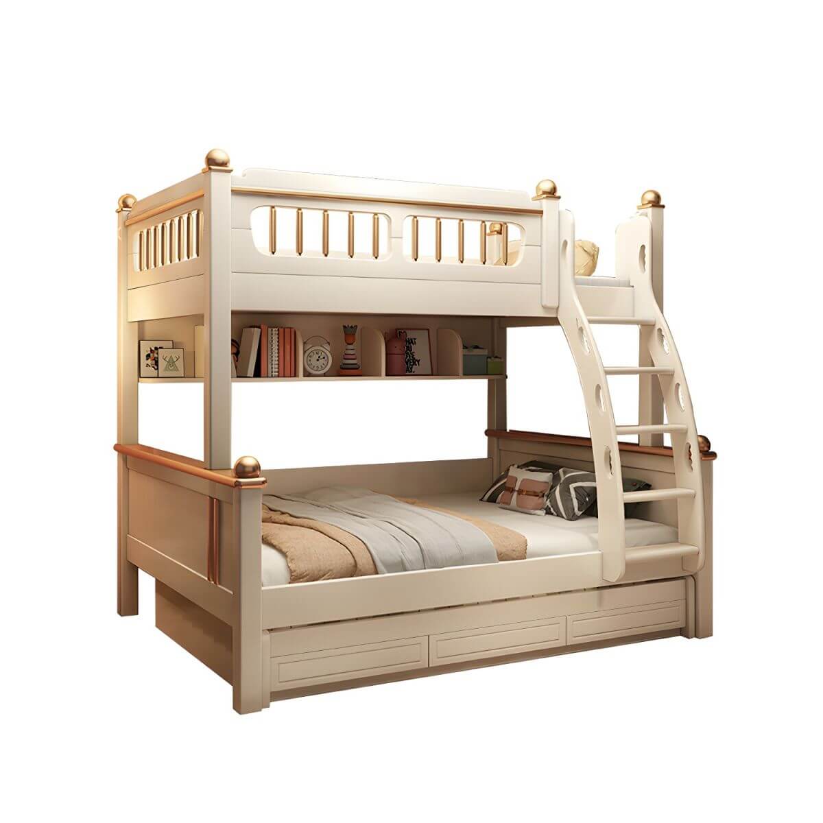 Modern White Wooden Bunk Bed with Bookshelf, Ladder, and Integrated Storage Imagen principal del producto