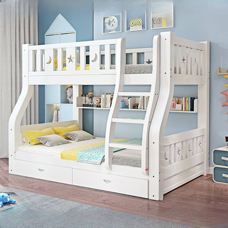 Modern White Wooden Bunk Bed with Ladder and 2 Mattresses